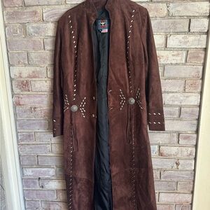 Brown Suede Duster Coat with Silver Accents